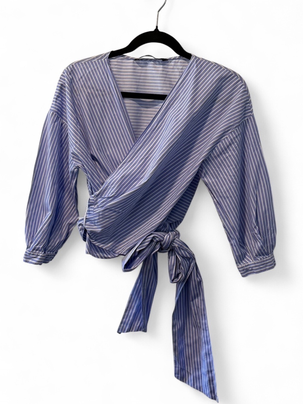 Zara Blue & White Striped Wrap Blouse with Side Tie Size S